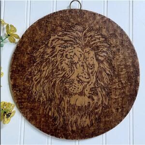 Antique 1908 Pyrography Lion Signed Art Piece Round Wood